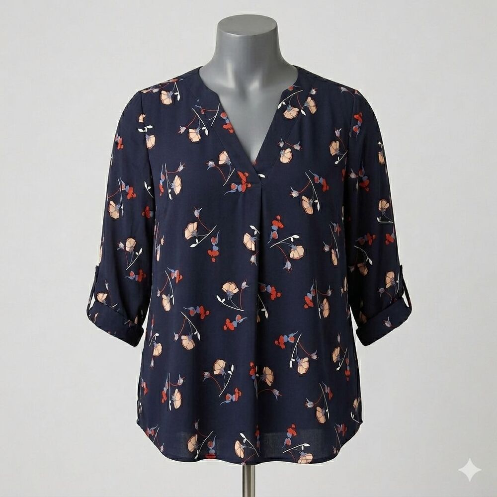 Beacon Navy Floral Blouse Popover 3/4 Sleeve Blouse Size 1X